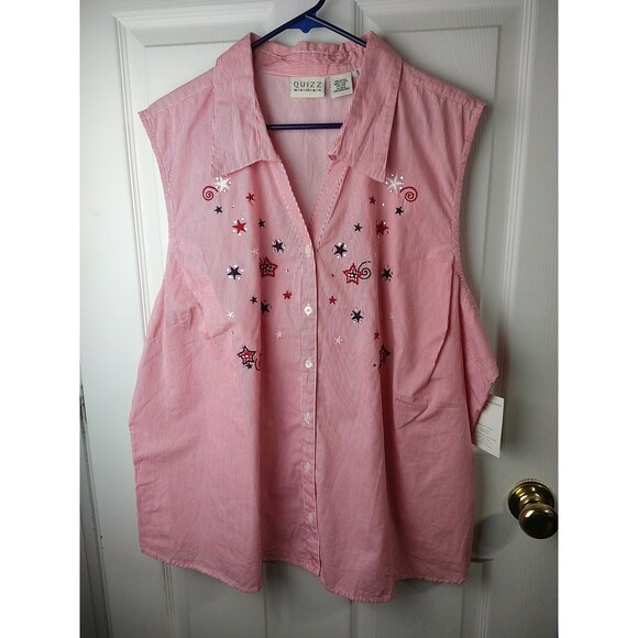 Quizz Woman 26/28 NWT Tank Collared V Neck Shirt Patriotic Red White Blue - Picture 1 of 9